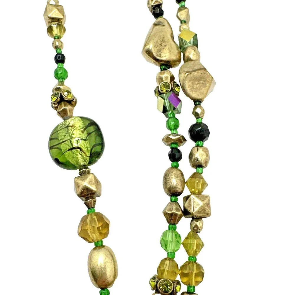 Vintage Green Gold Multi Strand Bead Necklace Boho Crystal Accents Box Clasp 16